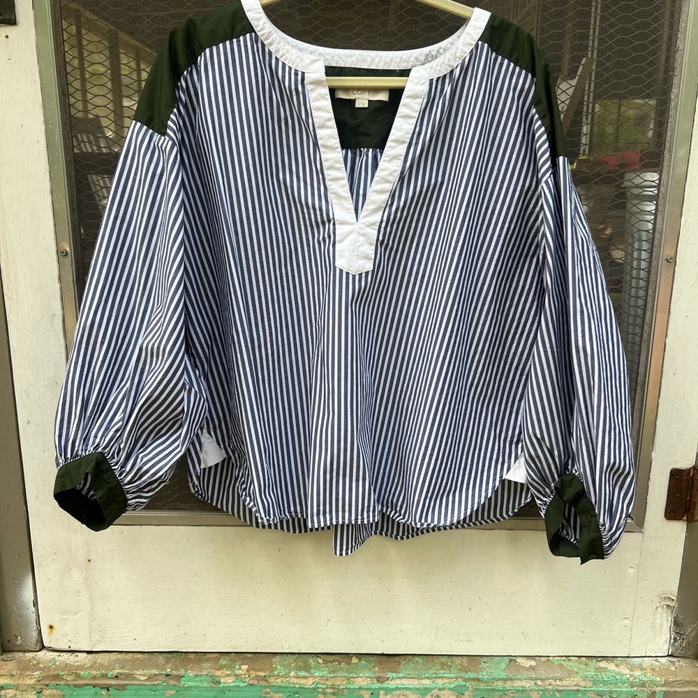 LOFT Navy and White Striped Peasant Blouse with Olive Accents